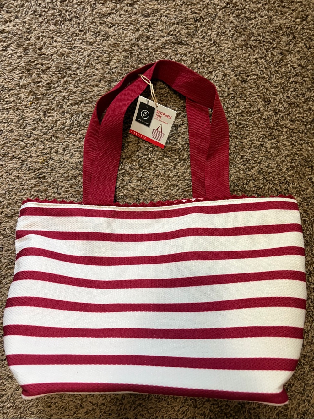 Red & White Striped Tote Bag - Casual Women’s Shoulder Bag reversible with tags